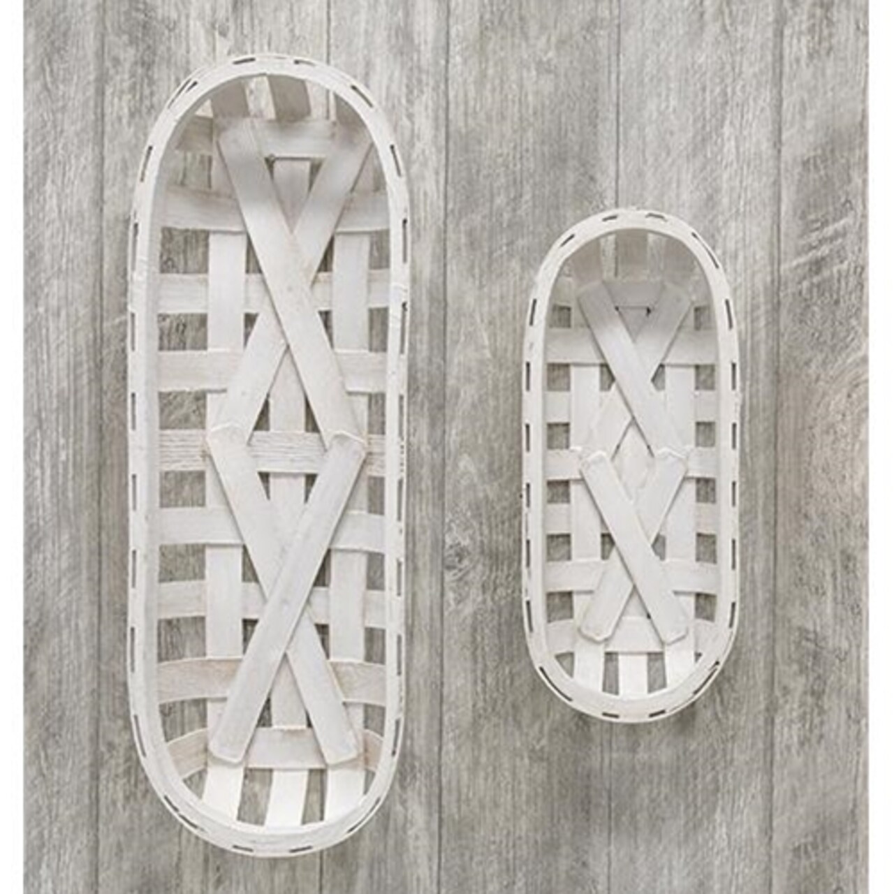 Set of 2 Whitewash Oval Tobacco Baskets Wall Hanging Woven Rustic Storage Decor
